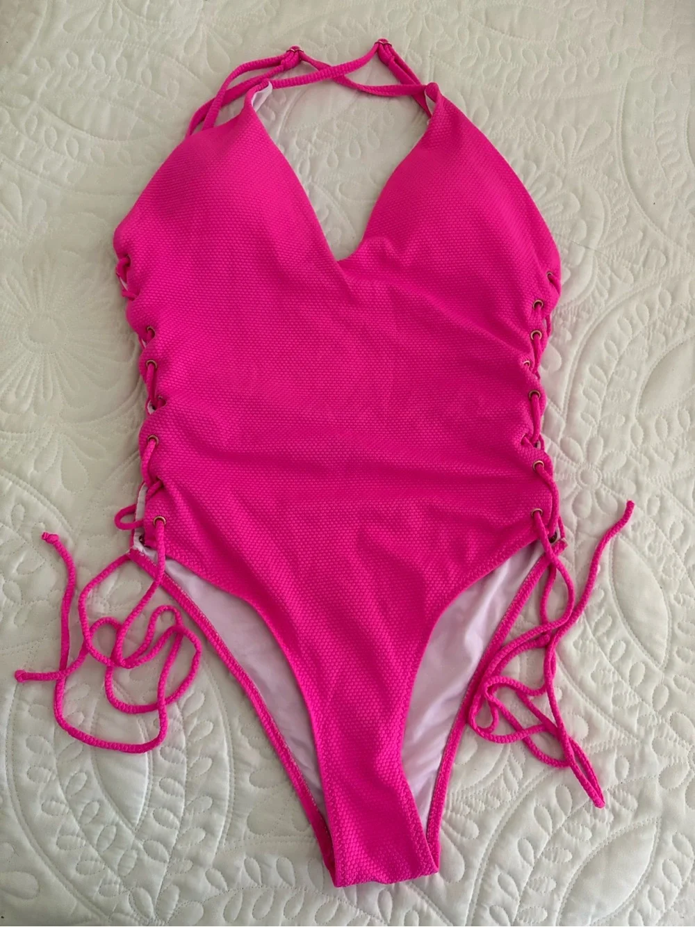 Hot Pink One-Piece Swimsuit with Side Lace-Up L